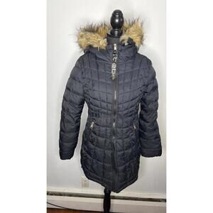 Bebe Quilted Puffer Jacket Sherpa Lined Faux Fur Hood Black M Gold Logo Zip Y2K